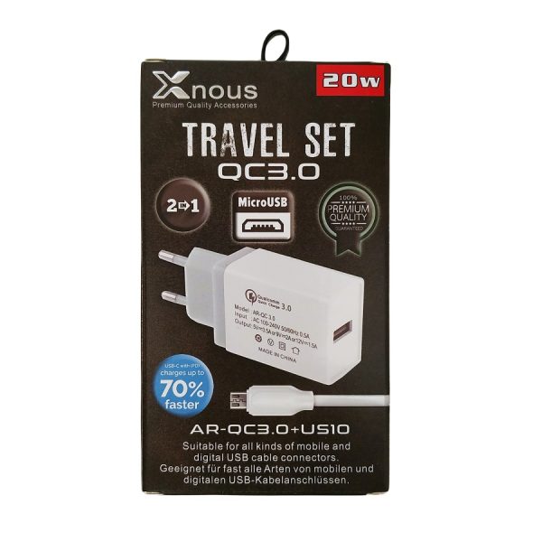 Travel Set Xnous 2 σε 1 Φορτιστής AR-QC 3.0 (18w) + Καλώδιο Micro USB US10 (λευκό) 1