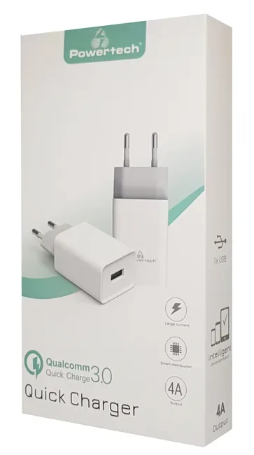 POWERTECH Φορτιστής τοίχου PT-780, 1x USB, 20W, 4A, QC 3.0, λευκός 1